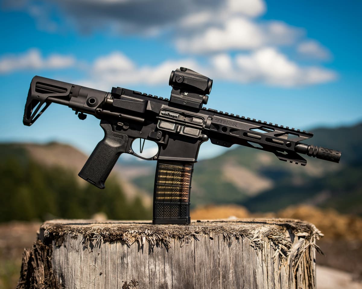 A high definition picture of a gun with a scope and a stock, showcasing the precision and power of firearms.