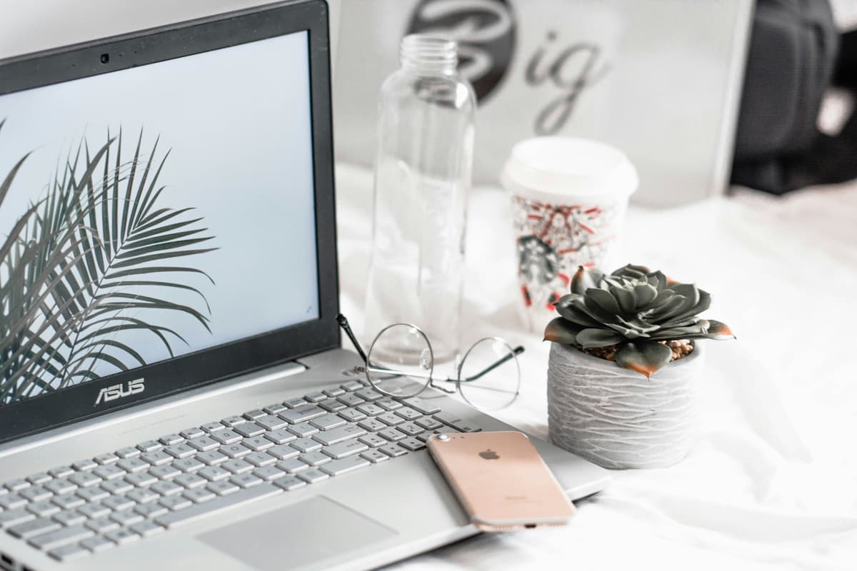 A minimal and aesthetic workspace featuring a laptop, glasses, a succulent plant, and a coffee cup on a white surface.